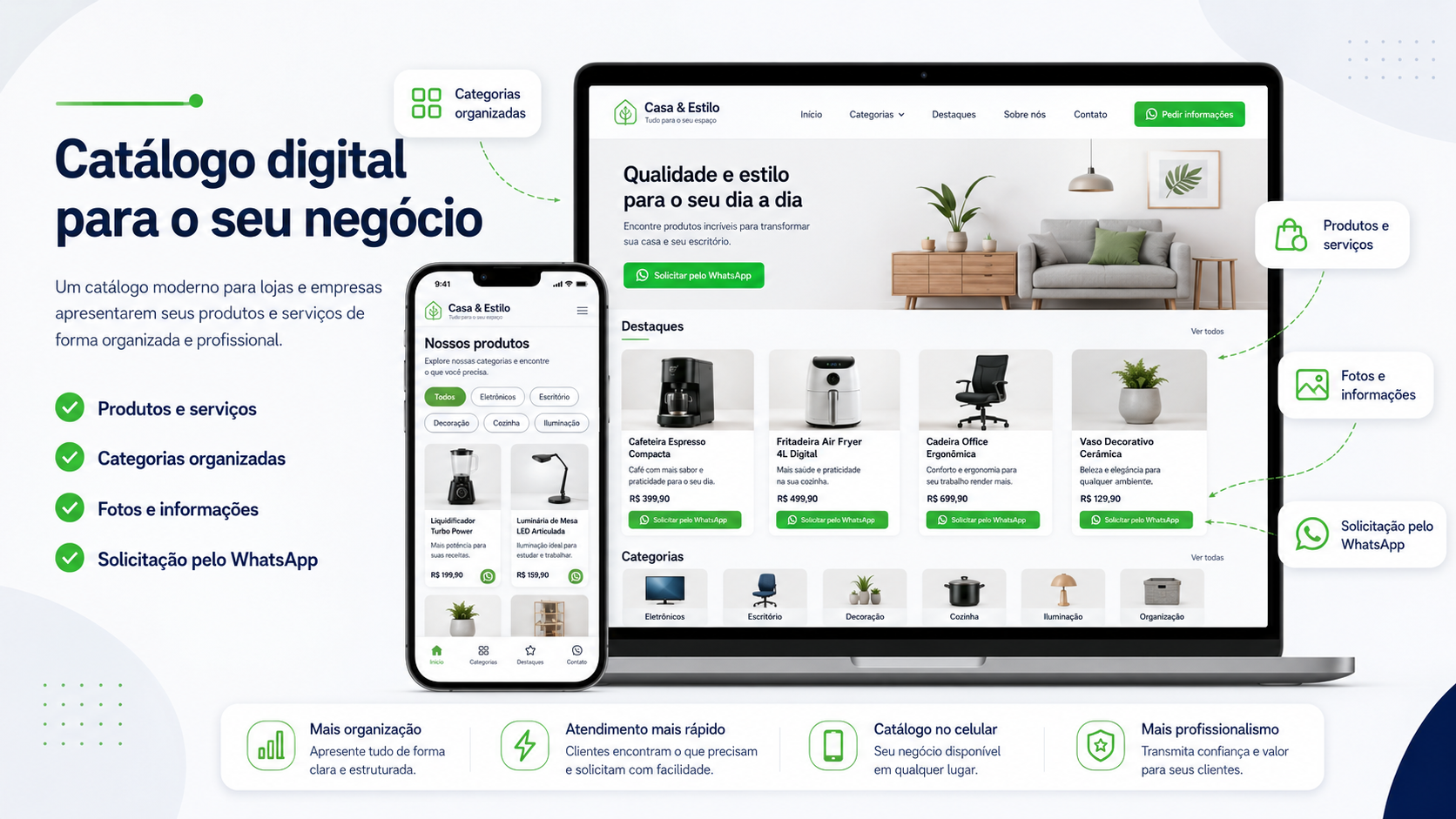 Demonstração de catálogo digital em celular e notebook